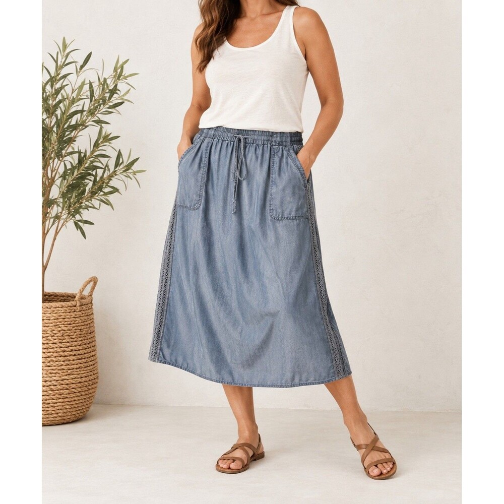 Coldwater Creek Skirt 2X Blue Tencel Midi Pull On Crochet Trim Boho Pockets